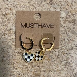 Must Have Gold Hoop Earrings with Black and White Checkered Heart Charms